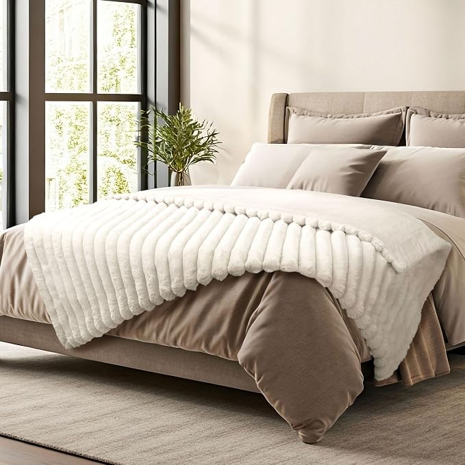 DEZ FURNISHINGS Luxury Reversible Textured Stripe Faux Fur & Velvet Throw Blanket, Throw XL (50" x 70"), White