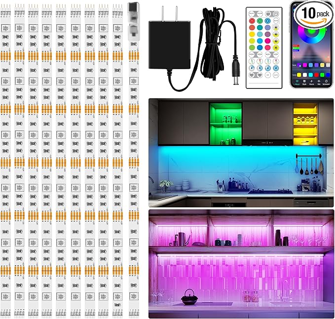 maylit 10 PCS RGB Under Cabinet Lights with App and Remote Control | Music-Sync Color-Changing LED Strips with ETL Listed Power Adapter for Cabinets, Counters, Shelves and Bookcases, 16.4 ft