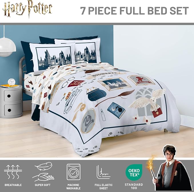 Harry Potter Full Comforter Set 7 Piece Soft Hogwarts Bedding, Grey | Hedwig, Bed in a Bag, Comforter Sheets Shams Pillowcases, Official Product, Soft Microfiber, Machine Washable, Kids Gift