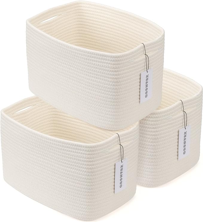 XUANGUO Woven Cotton Rope Storage Baskets 15x10x9.3" 3 Pack White | Decorative rectangular storage baskets for shelves and closets; storage bins organize clothes, toys, books and nursery items.