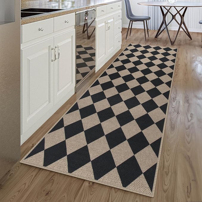 Rugalia Easy Jute Checkered Runner Rug, 2.6x8 Black Modern Washable Rugs Runner for Hallway Non-Slip Kitchen Runner Rug, Geometric Diamond Indoor Outdoor Carpet for Porch Laundry Entryway