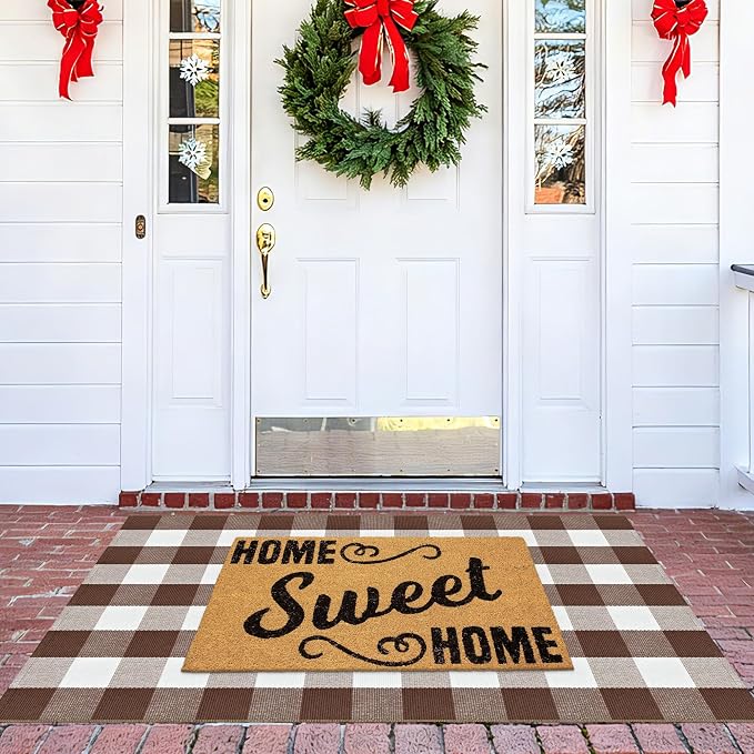 Buffalo Plaid Rug 3x5 Brown and White Checkered Rug Grid Indoor Outdoor Doormat Porch Layering Carpet Cotton Woven Washable Area Mat for Patio Entryway Farmhouse Decor
