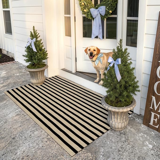 KIMODE Black and Khaki Striped Outdoor Rug 3'x 5', Washable Reversible Fall Outdoor Patio Rugs, Cotton Hand-Woven Farmhouse Welcome Layered Door Mats for Front Door, Entryway, Porch Decor