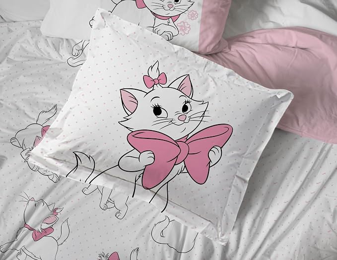 Disney Aristocats Marie Twin Comforter Set 5 Piece Kids Bedding, White | Bed in a Bag, Comforter Sheets Sham Pillowcase, Official Brand, Soft Microfiber, Machine Washable, Easy Care, Girls Gift