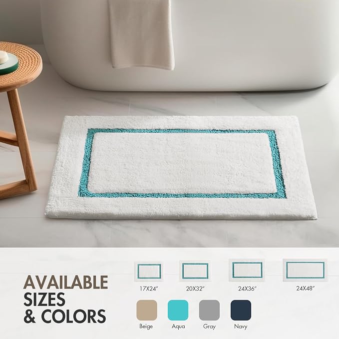 Madison Park Roan Border Tufted Bath Rug Non-Slip Absorbent, 24 x 48, Aqua | Microfiber, Soft Pile, Machine Washable, OEKO-TEX Certified, Plush Bathroom Mat, Non Slip TPR Backing
