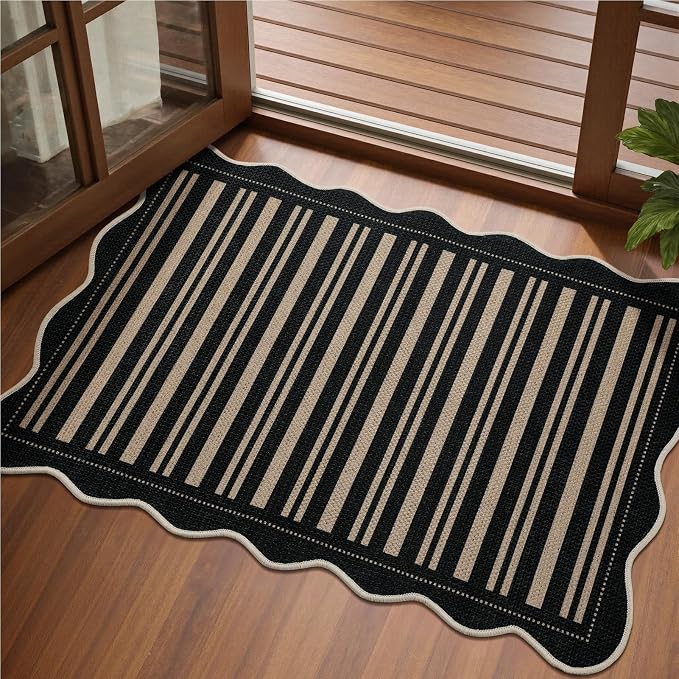 EDIMENS 2x3 Front Door Mat Easy Jute Scalloped Doormat Small Entryway Rug | Striped Non-Slip Washable Area Rug Low Pile Black Indoor Outdoor Farmhouse for Entrance Entry Front Porch Doorway