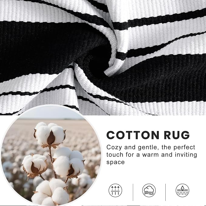 OLANLY Black and White Classic Striped Rug 4' x 6' | Washable Cotton Indoor Outdoor Doormat for Front Door, Entryway, Kitchen, Porch, Patio Decor