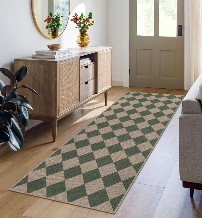 Rugalia Easy Jute Checkered Runner Rug, 2x6 Green Modern Washable Rugs Runner for Hallway Non-Slip Long Kitchen Rug, Geometric Diamond Indoor Outdoor Carpet for Porch Laundry Entryway