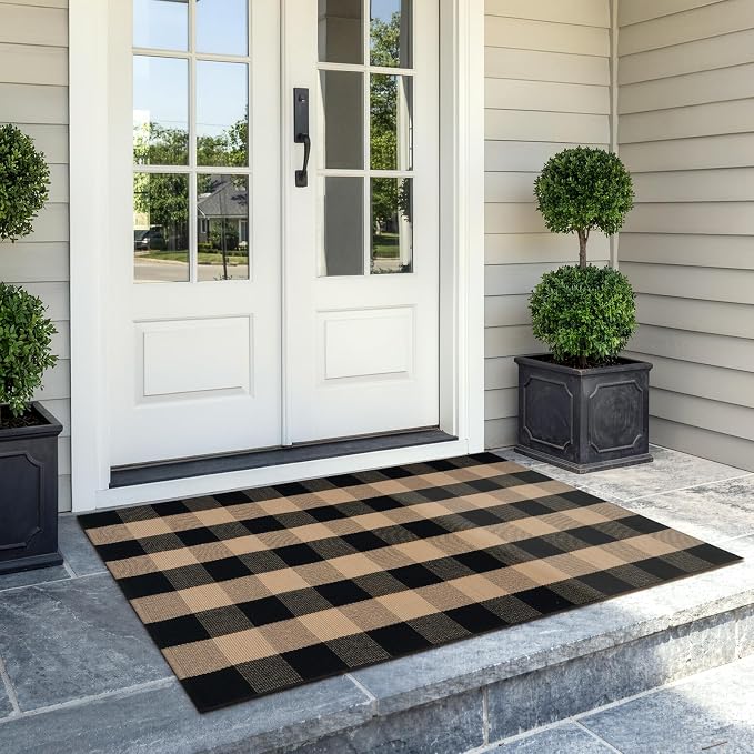 OJIA Buffalo Plaid Checkered Rug Fall Outdoor Rugs 3'x5' Welcome Door Mats | Washable Small Outdoor Porch Rug Carpet Cotton Door Mat Outside Entrance Layered Doormats for Patio/Farmhouse/Entryway/Foyer