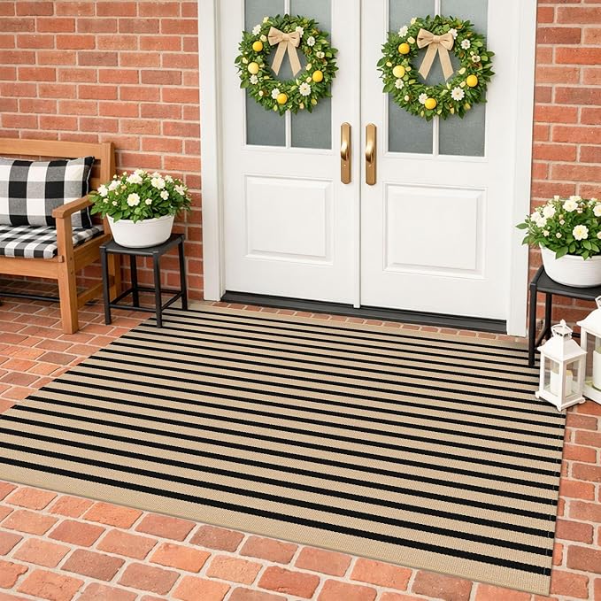 KILOCOCO Striped Rug 4x6 ft Washable Front Door Outdoor Rug, Brown Black | Cotton Front Porch Rug, Woven Living Room Rug, Low Pile Welcome Mat for Entryway, Layered Farmhouse Kitchen Patio Carpet