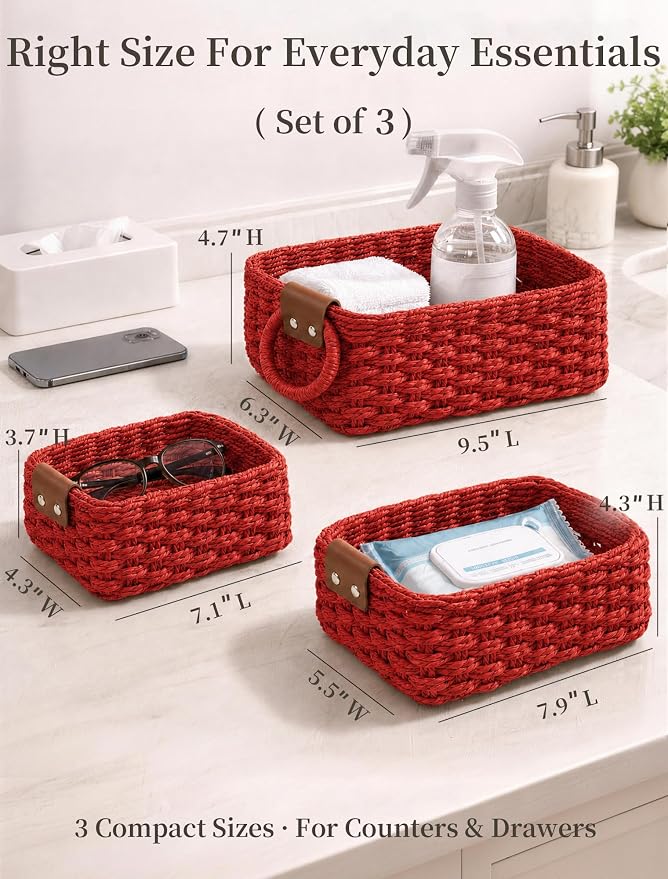Small Wicker Baskets, 3 PCS Paper Rope Baskets for Shelves, Red | Recycled Small Baskets, 3 Sizes Woven Baskets for Organizing, Decorative Storage Baskets for Bedroom and Bathroom