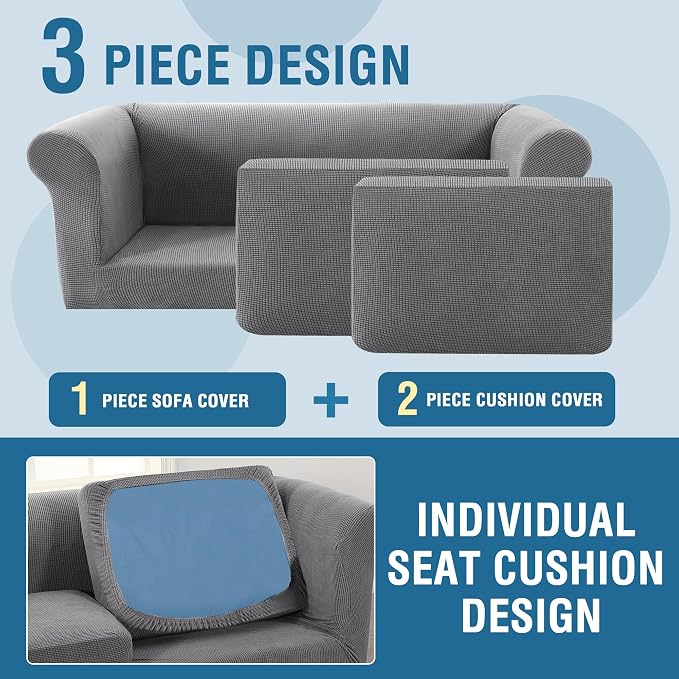H.VERSAILTEX 3 Pieces Couch Covers for Dogs Stretch Chesterfield Couch Covers for 2 Cushion Couch Sofa Mid Century Deep Seat Slip Covers for Sofas/Couches Thicker Jacquard Fabric(Medium-XL Sofa, Dove)