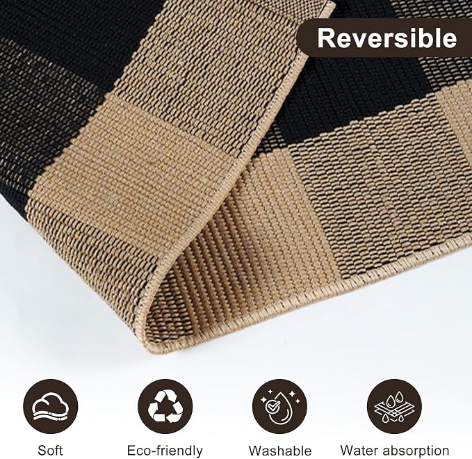 KIMODE Front Door Mat Outside Entrance 24"x51",Black and Tan Checkered Outdoor Rug,Farmhouse Fall Front Porch Rug Decor,Cotton Woven Washable Layering Rug for Front Door,Outside Entrance,Kitchen