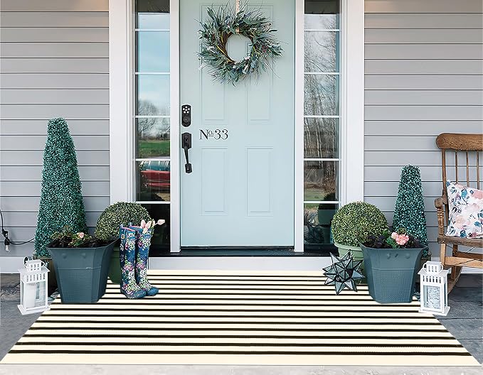Black and Beige Outdoor Rug 3'x5',Machine Washable Striped Porch Rug Cotton Woven Farmhouse Front Door Mats for Porch/Entryway/Home Entrance Decor/Bedroom/Laundry Room/Patio/Front Door