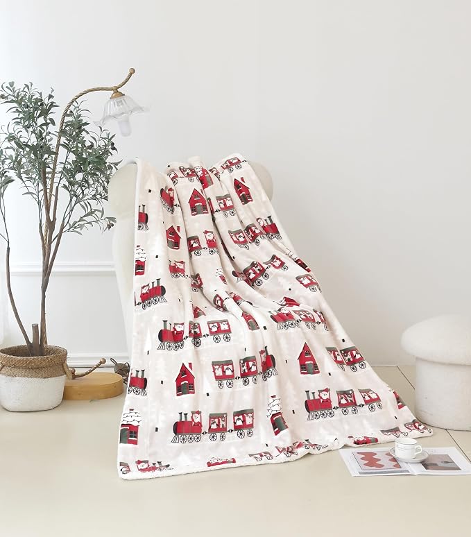 Elegant Comfort Reversible and Ultra-Plush Flannel Fleece-Winter Christmas Sherpa Throw- Lightweight Soft and Cozy-Holiday Decorative Throw, Perfect for Lounging, 50 x 60 inches, Santa Train
