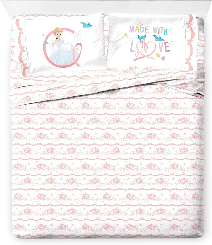 Disney Princess Cinderella Queen Comforter Set 7 Piece Kids Bedding, Pink | Bed in a Bag, Comforter Sheets Shams Pillowcases, Official Brand, Soft Microfiber, Machine Washable, Girls Gift