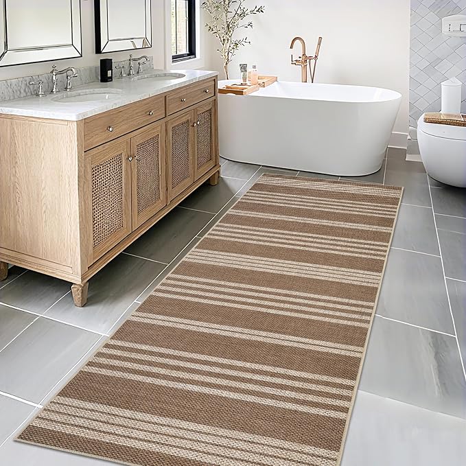 COZYLOOM Runner Rug 2x6 Kitchen Rugs Non Slip Washable Modern Striped Jute Rugs for Entryway, Stain Resistant Foldable Outdoor Indoor Area Rug for Bathroom Hallway, White/Coffee