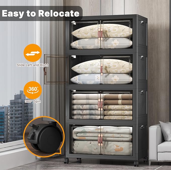 UAMFURI Stackable Storage Bins, 700QT Collapsible Drawers with 1 Lid | Large Capacity, Magnetic Door, Stack Lock, Rolling Wheels, Foldable Design, Organizers and Storage for Bedroom Dorm Garage