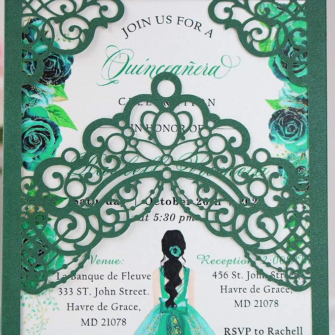 Hosmsua 50PCS Blank Emerald Green Crown Quinceanera Invitations with Envelopes, 5.1x7.3 Inch Laser Cut Floral Pocket Invitation Cards for Quinceanera Birthday Quince Anos Invite