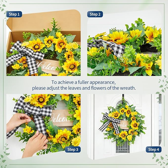 Garvee 20 Inch Sunflower Wreath with Welcome Sign, Spring Summer Wreaths for Front Door with Yellow Blooms and Buffalo Plaid Bow, for Farmhouse Porch Window Wall Home Decor