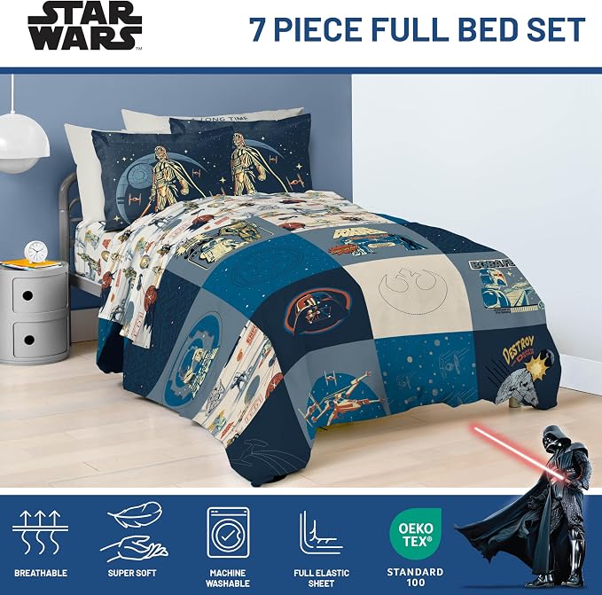Jay Franco Star Wars Full Comforter Set 7 Piece Soft Bedding for Boys, Blue | Darth Vader Yoda, Bed in a Bag, Comforter Sheets Shams Pillowcases, Official Product, Microfiber, Machine Washable, Boys Gift