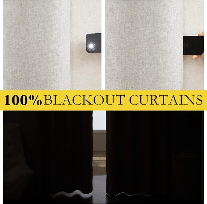 NICETOWN 100% Absolutely Blackout Linen Curtains with Thermal Insulated White Liner, Ivory, 62" Wide, 2 Pieces, Privacy Vertical Window Drapes for Office Laundry Living Room Windows 84 inch Long