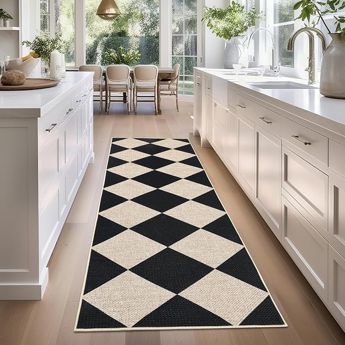 GarveeHome Checkered Easy Jute Runner Rug 2x6 Non-Slip Machine Washable Stain Resistant Indoor Outdoor Rugs for Living Room, Bedroom, Kitchen, Dining, Patio - Farmhouse Style Black