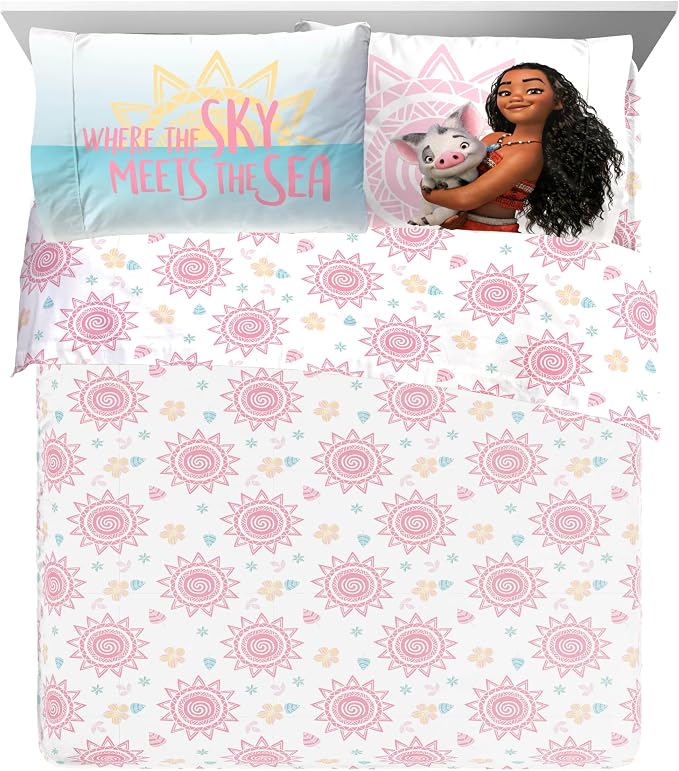 Disney Moana Queen Comforter Set 7 Piece Kids Bedding for Girls, Multi | Bed in a Bag, Comforter Sheets Shams Pillowcases, Official Brand, Soft Microfiber, Machine Washable, Girls Gift