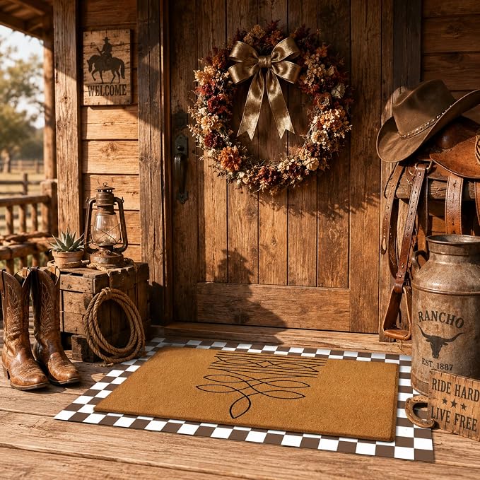 Tinideya 2 Pcs Western Door Mat Cowboy Cowgirl Welcome Non Slip Coir Mats Floor Layering Gift Boot Stitch Doormats Seasonal for Front Porch Entryway Decor