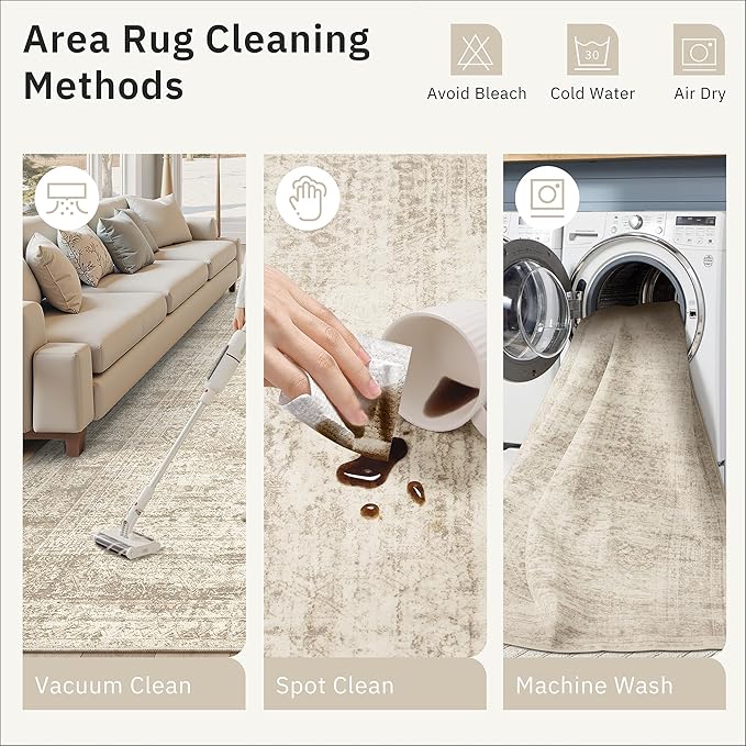 Washable Area Rug 8x10, Large Soft Rugs for Living Room Vintage Beige Carpet 8x10 Area Rugs for Bedroom Dining Room Non-Slip Stain Resistant Under Table Rug