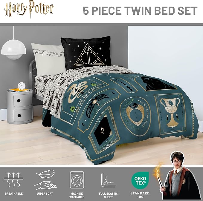 Harry Potter Twin Comforter Set 5 Piece Soft Fantasy Bedding, Blue | Deathly Hallows, Bed in a Bag, Comforter Sheets Sham Pillowcase, Official Product, Soft Microfiber, Machine Washable, Gift