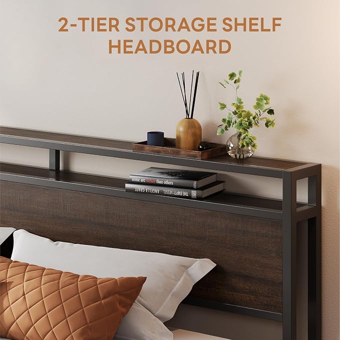LIKIMIO California King Bed Frames with 2-Tier Storage Shelf Headboard | Dark Wood Platform Bed, Camas California King with Strong Metal Support, Sturdy, Noise-Free, No Box Spring Needed, Dark Brown