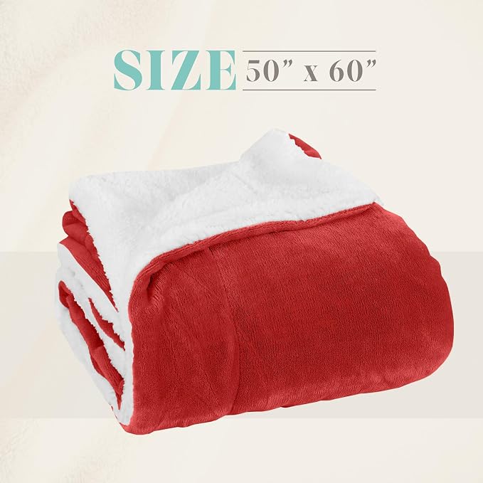 Elegant Comfort Throw Blanket, Reversible Sherpa Flannel, Ultra-Soft, Fuzzy, Cozy and Plush- All Season Lightweight Decorative Throw, 50 x 60 inches, Solid Sherpa Throw, Red
