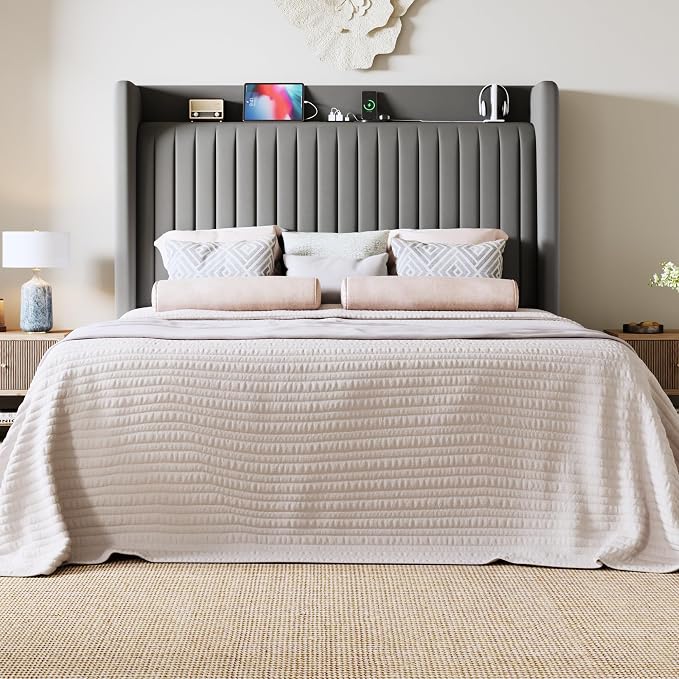 Allewie Full Size Platform Bed Frame with USB Charging Station and Storage Shelf/Upholstered Velvet Wingback Headboard/Wooden Slats Support/No Box Spring Needed/Easy Assembly, Grey