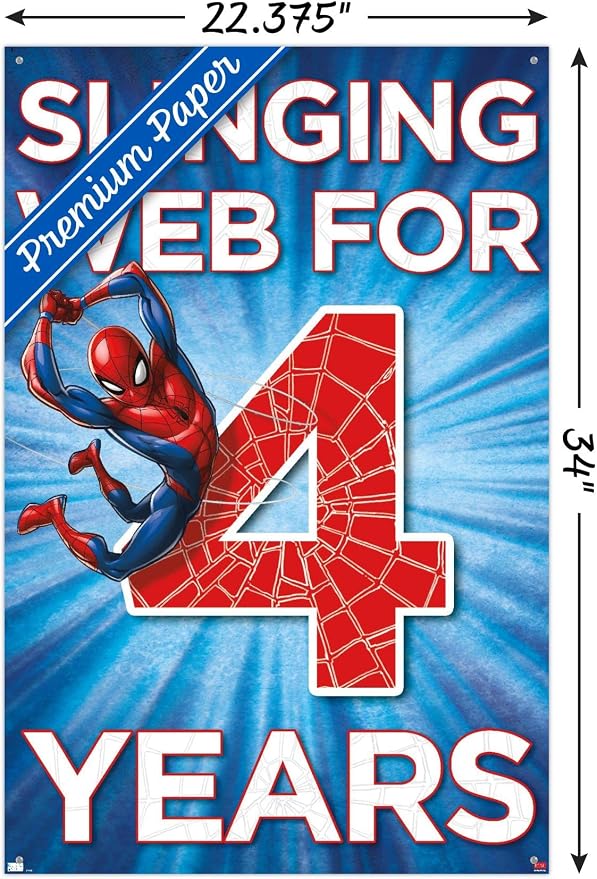 Trends International Marvel Spider-Man - Happy 4th Birthday Wall Poster, 22.37" x 34.00", Premium Poster & Push Pin Bundle