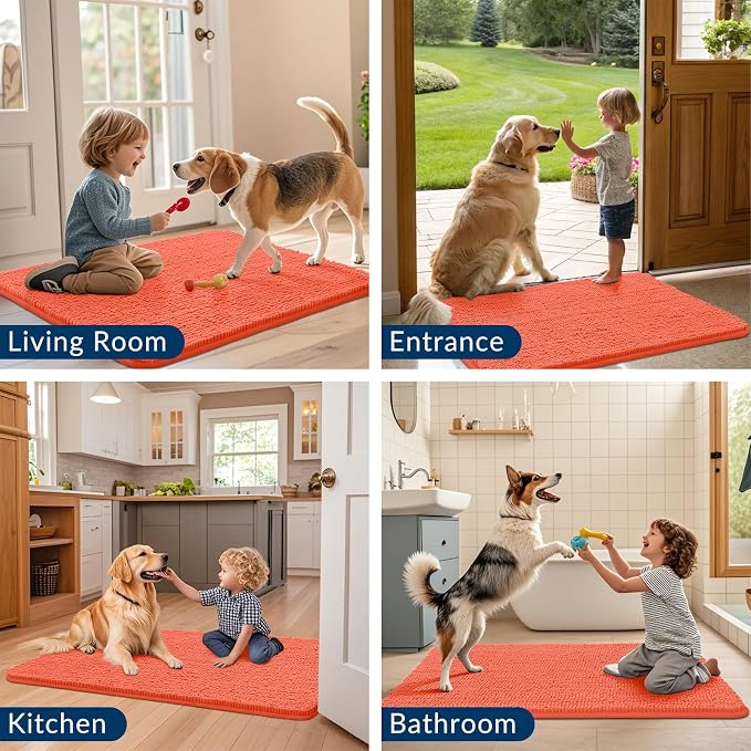 Smiry Dog Door Mat for Muddy Paws 36x24, Absorbent Dirt Trapper, Non-Slip Washable Chenille Entryway Rug for Inside Floor, Coral, Classic Solid