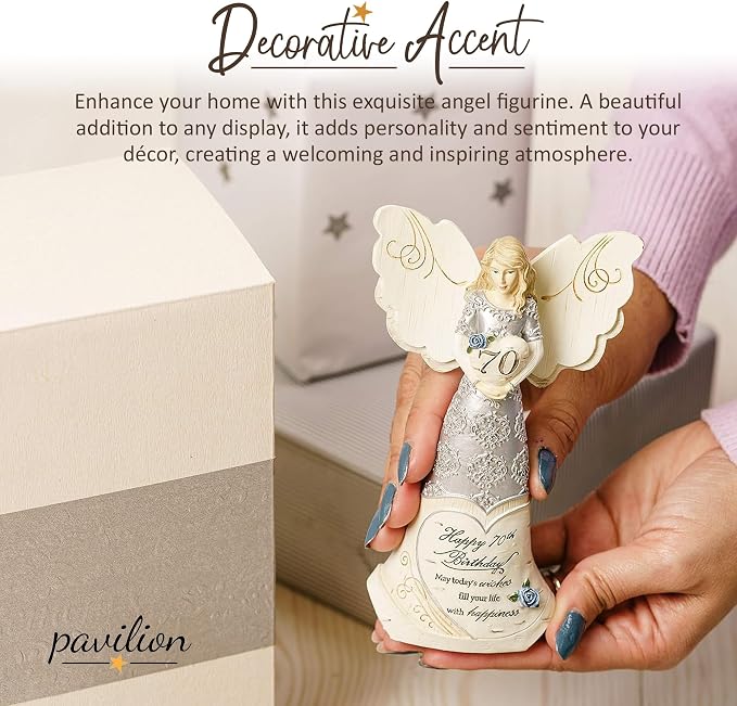 Pavilion 'Happy 70th Birthday' 82416 Elements Angels - Polyresin Birthday Angel Figurine - Silver Hand-Painted Remembrance and Keepsake Gift Angel for Grandmothers, Mothers, Aunts, Friends, Women