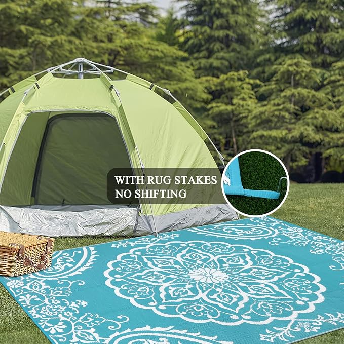 Pauwer Outdoor Rug 8x10, Waterproof Plastic Straw Camping Rug, Boho Teal | Reversible Patio Rug, UV Resistant Indoor Outdoor RV Mat Carpet For Deck, Camper, Porch, Balcony, Backyard, Picnic, Foldable