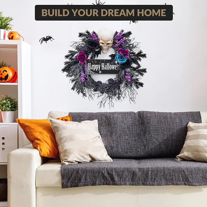 GarveeHome 22 in Halloween Wreath, with Black, Blue and Purple Flowers, Artificial Halloween Spooky Wreath with 20 Led Lights for Front Door, Porch, and Entryway