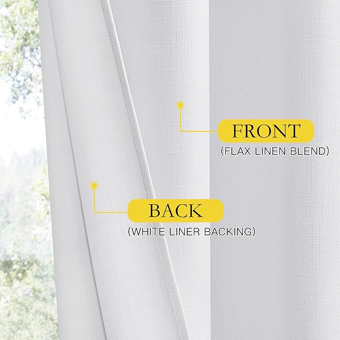 NICETOWN 100% Absolutely Blackout Linen Curtains with Thermal Insulated White Liner, White, 52" Wide, Long Curtains 80" Long 2 Panels Set for Living Room, Thermal Insulated Privacy Drapes for Bedroom