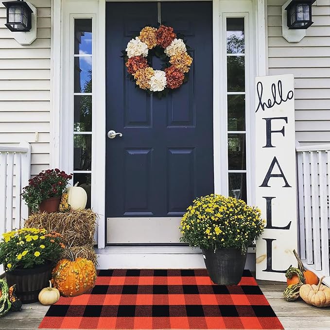 Buffalo Plaid Outdoor Rugs, 2'x4'3'' Orange and Black Checkered Indoor/Outdoor Area Rug, Layering Rug for Hello/Welcome Door Mat, Washable Cotton Woven Farmhouse Mat for Fall Front Porch Décor