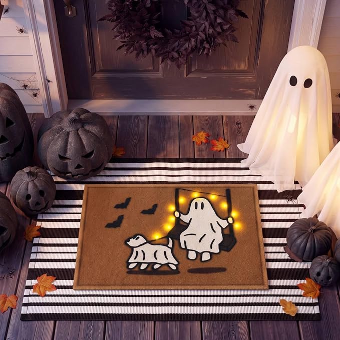 Moucuny 2 Pcs Halloween Coir Doormat Outdoor Cute Ghost with Dog Mat, Black and White Stripe Area Rug Halloween Outdoor Doormat for Front Door Porch Entryway Decor, 16'' x 28'', 24'' x 35''