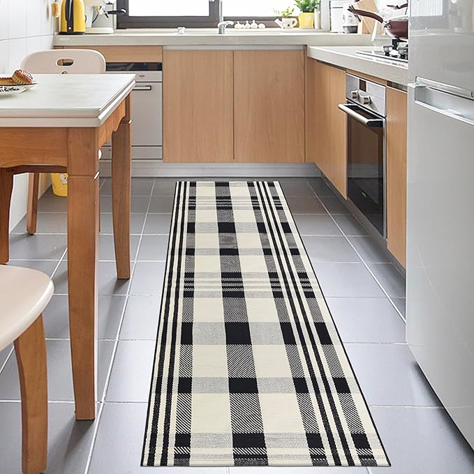 Buffalo Plaid Runner Rug Black and Off White 2x6 Hallway Runner Rug Cotton Woven Rug Farmhouse Checkered Runner Rug Washable Runners for Entryway Kitchen Laundry Room Bedroom Living Room