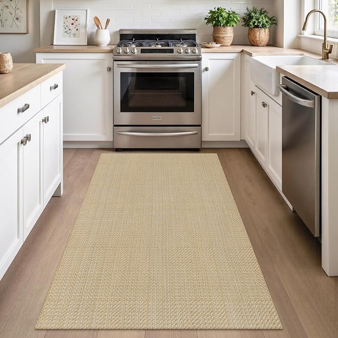 Rugalia Washable Woven Entryway Rug 3x5, Natural Beige Cotton Indoor Outdoor Doormat Low Plie Non-Slip Kitchen Mat, Modern Farmhouse Neutral Floor Carpet for Porch Living Room Bedroom Patio