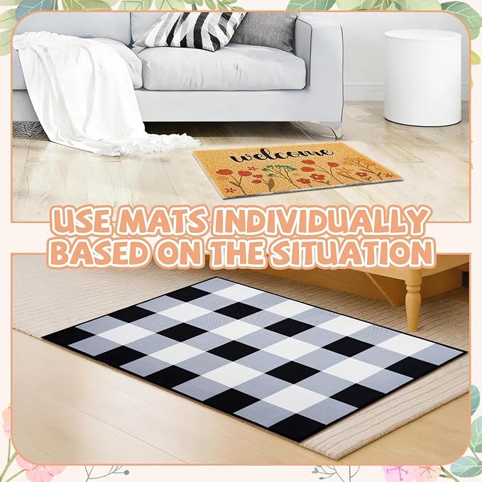 2 Pcs Spring Welcome Doormat Outdoor Entrance, Flower Non Slip Coir Mats, Black and White Check Doormat, Floral Spring Layering Door Mat for Home Indoor Porch Entry Decor 23.6 x 31.5 Inch