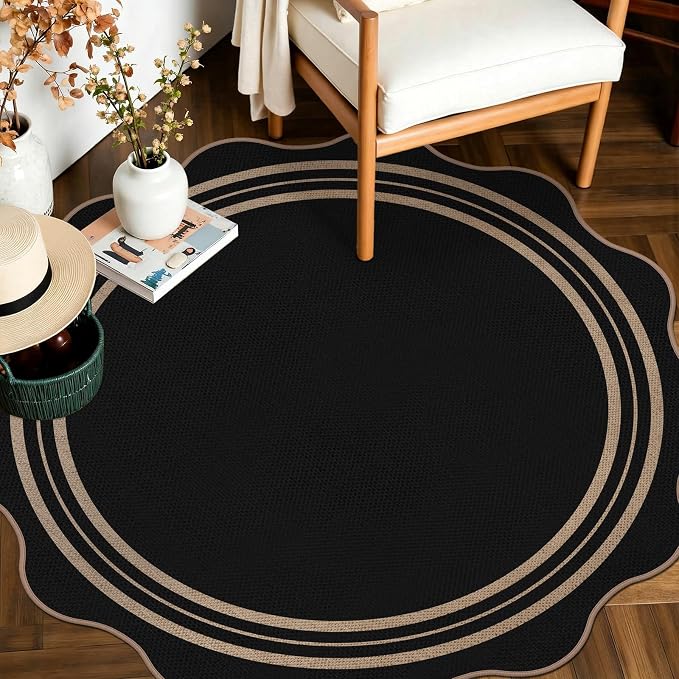 Scalloped Round Entryway Rug 4ft, Indoor Outdoor Patio Rug Washable Farmhouse Easy Jute Bedroom Area Rug, Non Slip Black Round Kitchen Circle Rugs for Living Room Front Porch