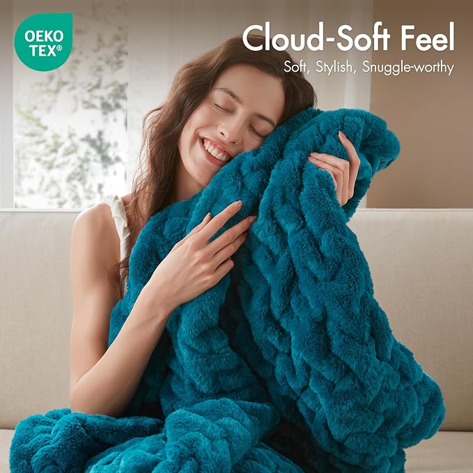 Madison Park Ruched Faux Fur Luxury Throw Teal 50*60 Premium Soft Cozy Brushed Long Faux Fur For Bed, Coach or Sofa | Luxury, Premium, Soft Cozy Brushed Long Pile, All Season Plush Modern OEKO- TEX Certification Warm For Bed, Couch or Sofa