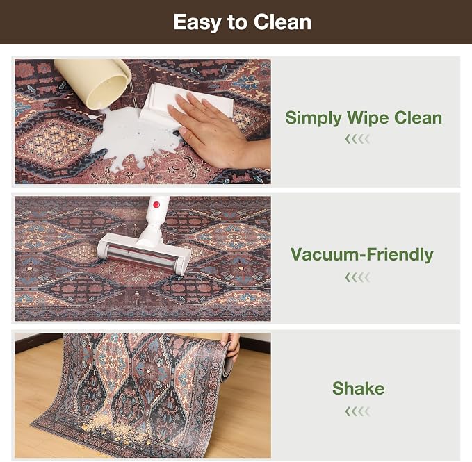 Floor Mat for Home 5×7ft, Easy Clean Plastic Rug-Like Pattern Area Mat for Living Room, Waterproof Vinyl Area Rug for Under Kitchen Table, No Slip Soft Vintage Rug for High Traffic Area (Brown)