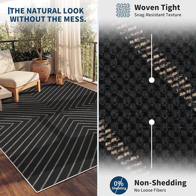 Garvee Easy Jute Rug 2x6 Runner Rug, Hallway Runner Stain Resistant Low Pile Thin Non Shedding Pet Friendly Carpet for Entrance Kithchen Bathroom Porch Striped Minimalism Area Rug 2'x6' Black