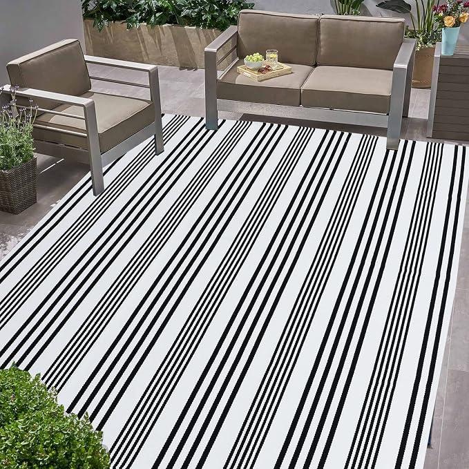 Black and White Striped Outdoor Rug 4' X 6' Front Porch Rug Cotton Hand-Woven Welcome Mats Layered Door Mats for Front Porch/Entryway/Laundry Room/Bedroom/Outdoor